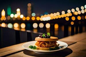 ein Teller von Spaghetti auf ein Tabelle mit ein Stadt Sicht. KI-generiert foto