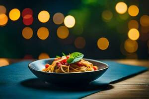 Spaghetti mit Tomate Soße im ein schwarz Schüssel auf ein Tabelle im Vorderseite von ein verschwommen Hintergrund. KI-generiert foto