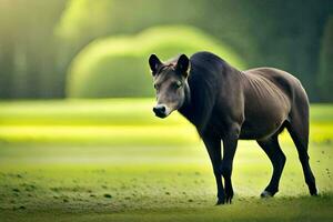 ein braun Pferd ist Stehen im das Gras. KI-generiert foto