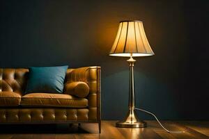 ein Leder Couch und Lampe im ein dunkel Zimmer. KI-generiert foto