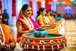 indisch Hochzeit Zeremonie mit Braut und Bräutigam im traditionell Kleidung. KI-generiert foto