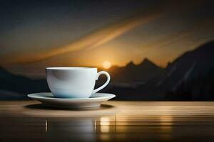 ein Tasse von Kaffee auf ein Tabelle im Vorderseite von ein Berg. KI-generiert foto