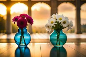 zwei Vasen mit Blumen Sitzung auf ein Tabelle im Vorderseite von ein Fenster. KI-generiert foto