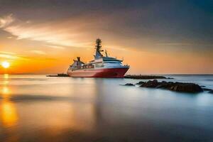 ein rot und Weiß Schiff im das Ozean beim Sonnenuntergang. KI-generiert foto