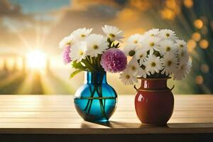 zwei Vasen mit Blumen auf ein Tabelle im Vorderseite von das Sonne. KI-generiert foto