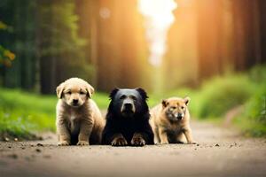 drei Hunde und ein Bär Sitzung auf das Straße. KI-generiert foto