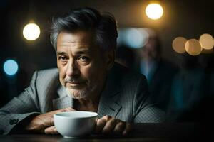 ein Mann mit grau Haar Sitzung beim ein Tabelle mit ein Tasse von Kaffee. KI-generiert foto