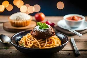 Spaghetti mit Fleischklößchen im ein Schüssel. KI-generiert foto