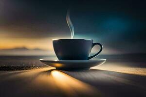 ein Tasse von Kaffee auf ein Tabelle mit ein Sonnenuntergang im das Hintergrund. KI-generiert foto