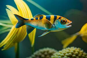 ein Fisch mit ein Gelb und Blau Streifen ist Schwimmen im ein Aquarium. KI-generiert foto