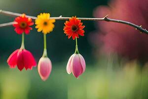 bunt Blumen hängend von ein Ast. KI-generiert foto