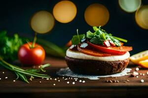 ein Dessert mit Käse und Tomaten auf ein hölzern Tisch. KI-generiert foto