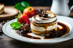 Dessert mit Kaffee und Schokolade auf ein Platte. KI-generiert foto