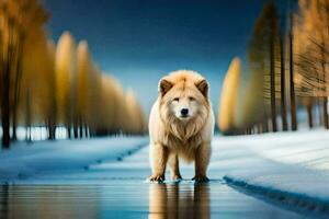 ein Hund ist Gehen auf ein schneebedeckt Straße. KI-generiert foto