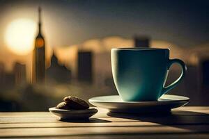 das Stadt, Kaffee, Tasse, hd Hintergrund. KI-generiert foto