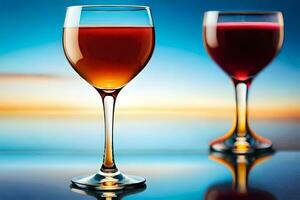 zwei Brille von Wein auf ein Tabelle mit ein Sonnenuntergang im das Hintergrund. KI-generiert foto