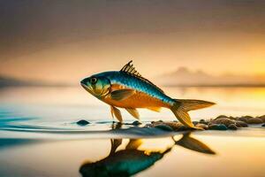 ein Fisch ist Stehen auf das Wasser beim Sonnenuntergang. KI-generiert foto