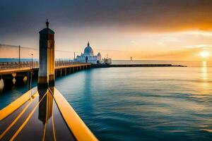 das Sonne setzt Über ein Seebrücke und ein Kirche. KI-generiert foto