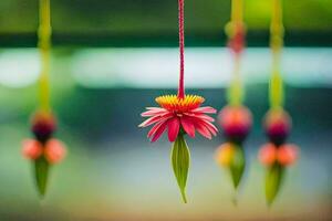 bunt Blumen hängend von Saiten im ein Garten. KI-generiert foto