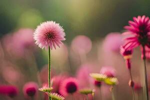 Rosa Blumen im ein Feld mit ein verschwommen Hintergrund. KI-generiert foto