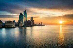 das Sonne setzt Über das Stadt Horizont im diese Foto. KI-generiert foto