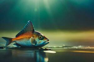 ein Fisch ist Sitzung auf das Wasser mit das Sonne leuchtenden. KI-generiert foto