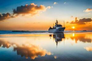 ein Boot auf das Strand beim Sonnenuntergang. KI-generiert foto