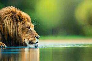 ein Löwe ist Trinken Wasser von ein Teich. KI-generiert foto