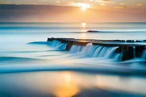 ein lange Exposition fotografieren von ein Wasserfall fließend in das Ozean. KI-generiert foto