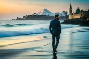 ein Mann im ein passen Spaziergänge entlang das Strand beim Sonnenuntergang. KI-generiert foto
