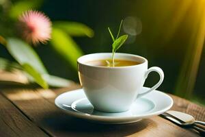 ein Tasse von Tee auf ein hölzern Tisch. KI-generiert foto