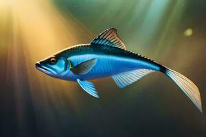 ein Fisch im das Wasser mit Sonnenlicht leuchtenden auf Es. KI-generiert foto