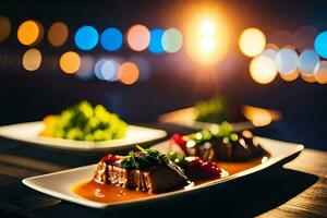 ein Teller von Essen mit ein hell Licht hinter Es. KI-generiert foto