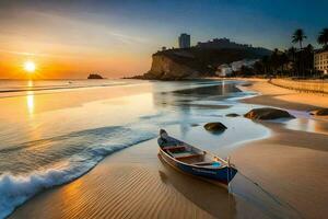 das Sonne setzt auf das Strand beim das Portugiesisch Stadt von Algarve. KI-generiert foto