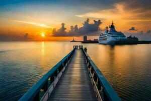 ein Kreuzfahrt Schiff angedockt beim das Ende von ein Seebrücke beim Sonnenuntergang. KI-generiert foto