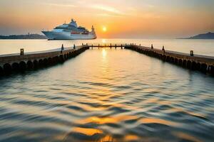 ein Kreuzfahrt Schiff angedockt beim das Seebrücke beim Sonnenuntergang. KI-generiert foto