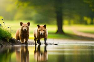 zwei braun Bären Gehen entlang ein Fluss Bank. KI-generiert foto