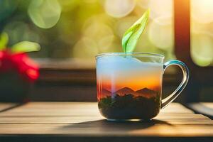 ein Tasse von Tee mit ein Berg im das Hintergrund. KI-generiert foto