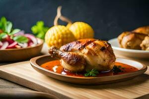 ein Hähnchen mit Soße und Gemüse auf ein hölzern Schneiden Tafel. KI-generiert foto