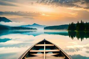 ein Boot auf ein See beim Sonnenuntergang. KI-generiert foto