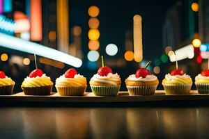 ein Reihe von Cupcakes auf ein hölzern Tablett. KI-generiert foto