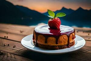 ein Erdbeere Kuchen mit ein Erdbeere auf oben auf ein Platte. KI-generiert foto