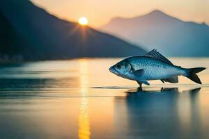 ein Fisch ist Stehen auf das Wasser beim Sonnenuntergang. KI-generiert foto