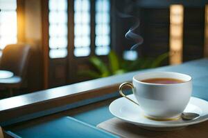 ein Tasse von Tee auf ein Tabelle im ein Cafe. KI-generiert foto