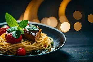 Spaghetti mit Fleisch und Erdbeeren auf ein schwarz Platte. KI-generiert foto