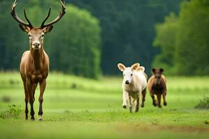 ein Hirsch und zwei Kühe Laufen im ein Feld. KI-generiert foto