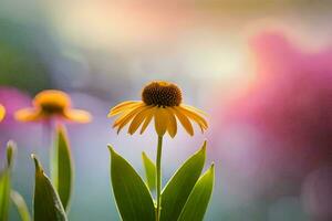 Gelb Blumen im das Sonne mit verschwommen Hintergrund. KI-generiert foto