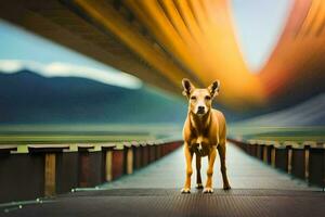 ein Hund Stehen auf ein Brücke mit ein verschwommen Hintergrund. KI-generiert foto