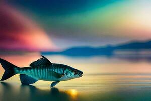 ein Fisch ist Stehen auf das Strand mit ein Regenbogen im das Hintergrund. KI-generiert foto