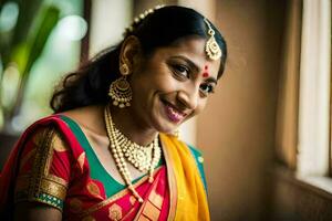 ein lächelnd Frau im traditionell indisch Kleidung. KI-generiert foto